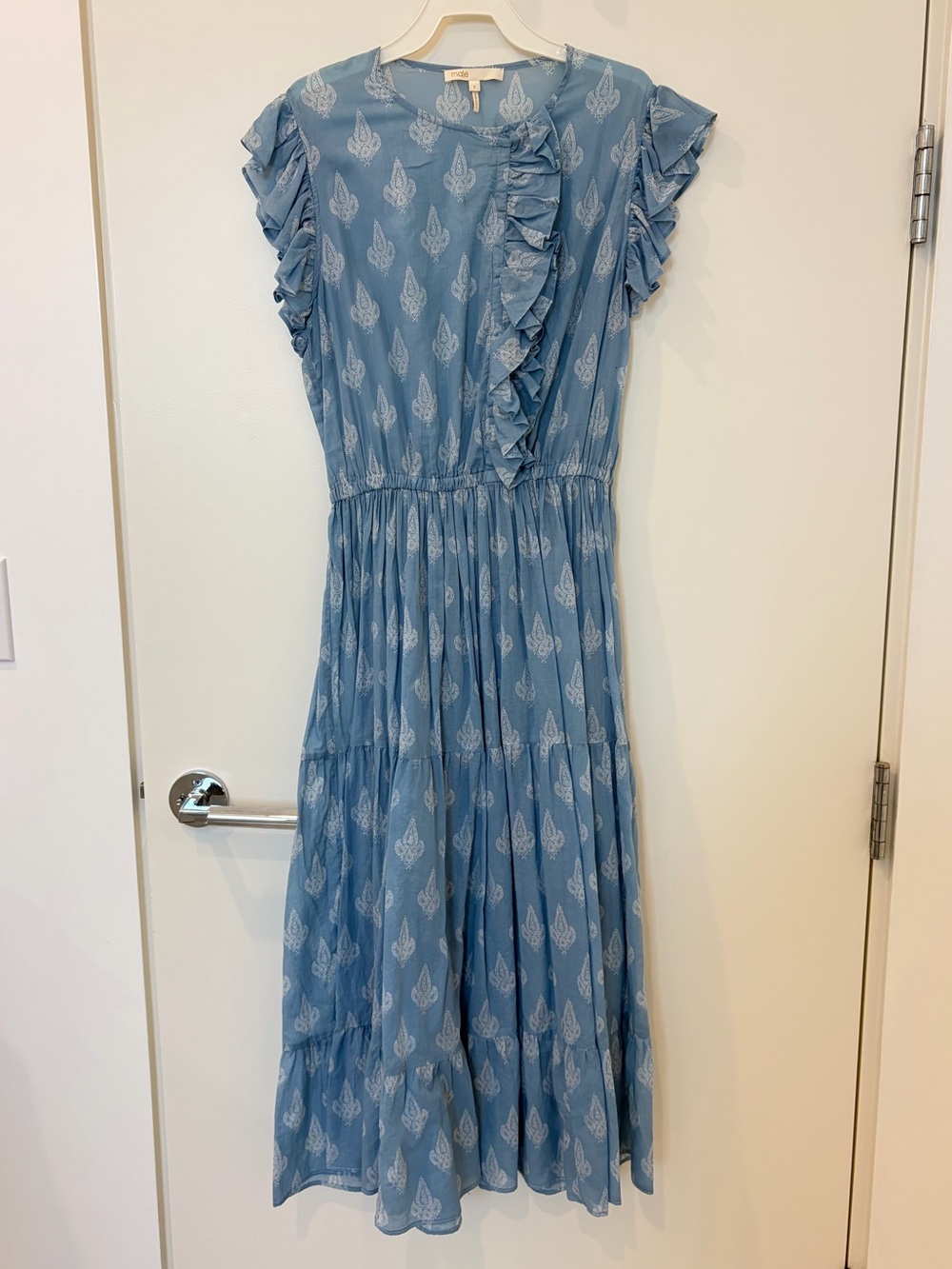 Maje Light Blue Ruffle Tiered Midi Dress